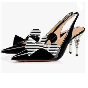 YDN Black Stiletto Heel Pumps Bow Pointed Toe Slingback Sandals Dress Shoes